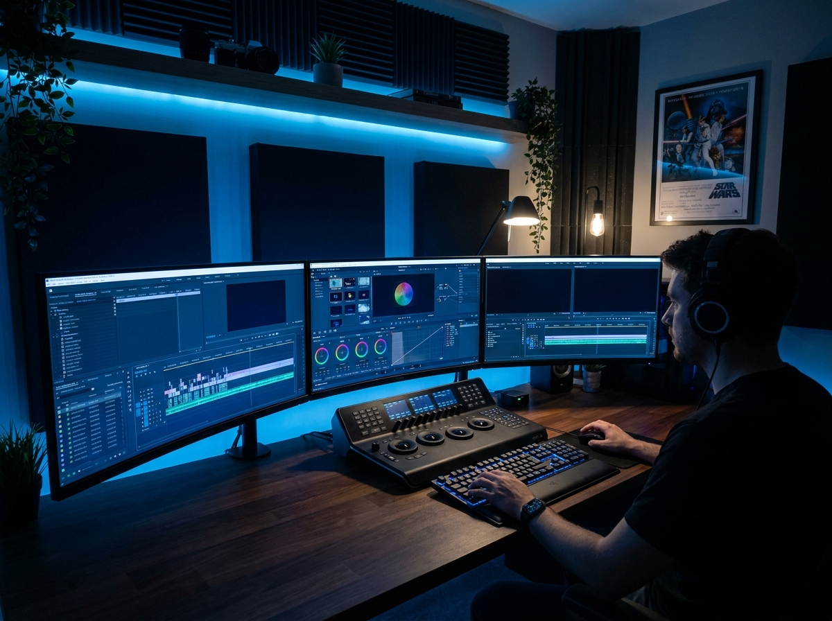 Video editor working at a desk with multiple monitors